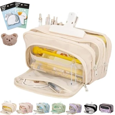 Imagen de Big Capacity Pencil Case, Beige Large Pouch, Pouch Organizer, 3 Compartments Simple Storage Aesthetic Case (Beige)