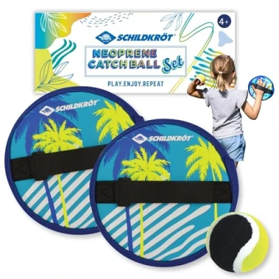 Imagen de Schildkröt Funsports Catch Ball Set, Juego de Captura Neopreno, 2 Receptores Mano Ajustables, 1 Pelota (Ø6,25 cm), en una Bolsa Malla con Cierre, 970146, Color Amarillo/Azul, Talla única
