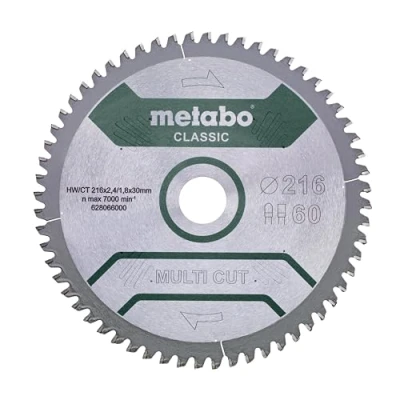 Imagen de Metabo Disco sierra circular HW/CT 216 x 30 2,4/1,8, Número de dientes 60, planos trapezoidales, Ángulo inclinación 5 neg