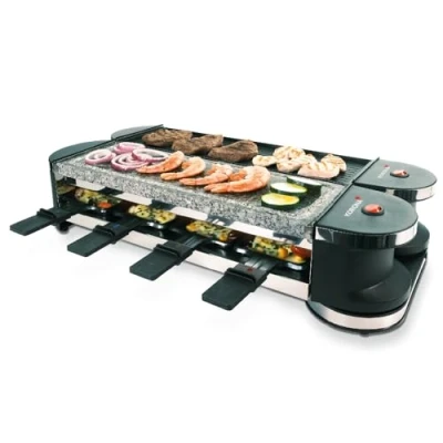 Imagen de Korona 45071 raclette plegable para 8 personas 2 en 1 con sartenes y espátulas placas antiadherentes Flexible utilizable gracias a la articulación de 90 180, cable m