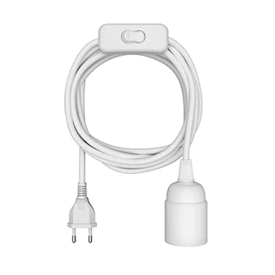 Imagen de ledscom.de cable textil LEHA, enchufe, interruptor, blanco, 3 m, portalámparas, 1x E27 máx. 60W, Led, Diy, E27, textil, lámpara colgante, enchufe de red, bombilla,