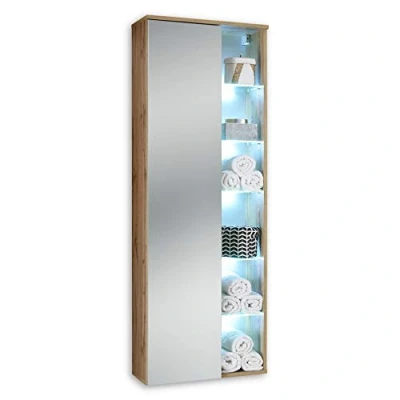 Imagen de Stella Trading Best Armario Colgante para Cuarto de baño con iluminación led Acabado en Roble Silvestre, Mueble Mucho Espacio Almacenamiento, 55 x 160 30 cm (Ancho/Alto/Profundo)