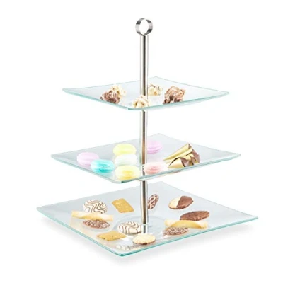 Imagen de Relaxdays Soporte Tartas 3 Pisos, Cuadrado, Bandeja Cupcakes, Plato Galletas, Frutero, 40x30x30, Transparente y Plateado