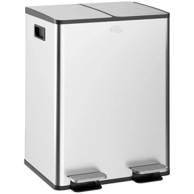 Imagen de HOMCOM Cubo de Basura Cocina con 2 Compartimentos 2x20L Papelera Acero Inoxidable Pedal Tapas Cierre Suave y Extraíble para Reciclaje Residuos Restos Comida Plata