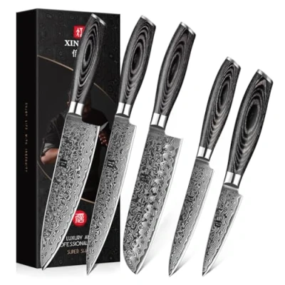 Imagen de XINZUO Set Cuchillo Cocina 5 Piezas, 67 Capas de Acero Damasco Juegos Cocinero, Profesional Chef Santoku Trinchar Universal Fruta con Mango Madera Pakka