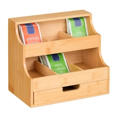 Imagen de Relaxdays Organizador de Té, 9 Compartimentos, Bambú, 24x27x17 cm, Infusiones y Cápsulas Café, Cajón, Vertical, Natural, 24 x 27 17 cm