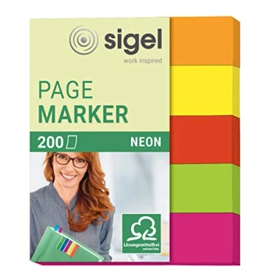 Imagen de SIGEL HN655 Marcapáginas de papel adhesivos, funda 200 tiras 50 x 12 mm, 5 colores neón