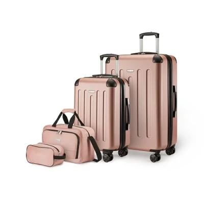 Imagen de Amazon Basics: Juego de Equipaje Mano rígido con Ruedas, 4 Piezas, Maleta Grande, Mano, Bolsa Viaje compacta, Ampliable, Ruedas giratorias, Oro Rosa