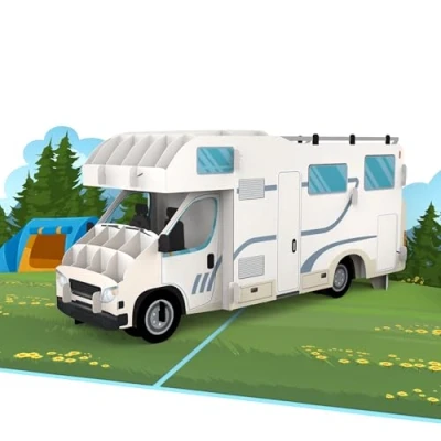 Imagen de MOKIO® Tarjeta Pop Up camping con autocaravana regalo 3D para un cumpleaños o como vale viaje unas vacaciones en caravana