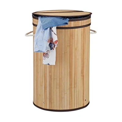 Imagen de Relaxdays Cesto Ropa Sucia con Tapa, Cubo Colada Plegable, Redondo, Bambú, 65 litros, Ø 40 cm, Natural