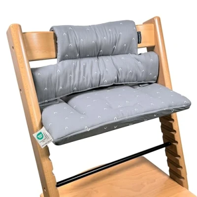 Imagen de LaLoona Cojin Trona Madera para Stokke Tripp Trapp 100% Algodón, Cojín Evolutiva 2 Piezas, Lavable, OEKOTEX Standard 100 Gris con Estampado