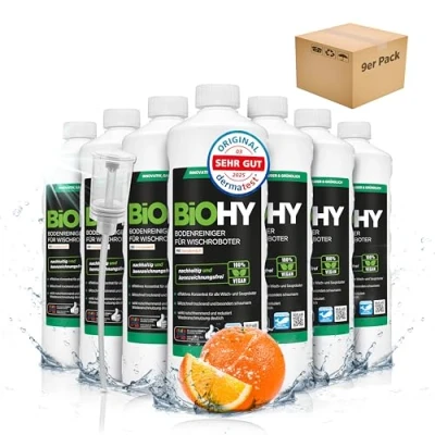 Imagen de BiOHY Limpia suelos para robots de limpieza con aroma a naranja (9 botellas 1 litro) + Dosificador Concentrado todos los sin espuma y rayas