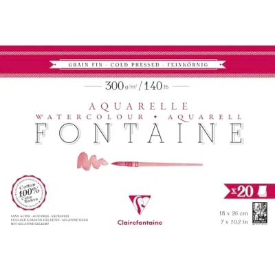 Imagen de Clairefontaine 975449C Bloc Encolado Fuente 4 Caras 20 Hojas Papel Acuarela Blanco 100% Algodón Grano Fino Calidad Profesional 18x26 cm 300g