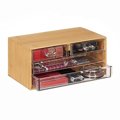 Imagen de Relaxdays Organizador Maquillaje, Bambú, 4 Cajones, 11x23,5x15 cm, Almacenaje Cosméticos y Joyas, Natural Transparente