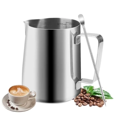 Imagen de Jarra Leche Barista, 350ml para Espuma Mano Acero Inoxidable con Escala, Aguja Latte Art Incluida, Adecuada Baristas la Preparación de Cappuccino, Espresso y (Plateado)