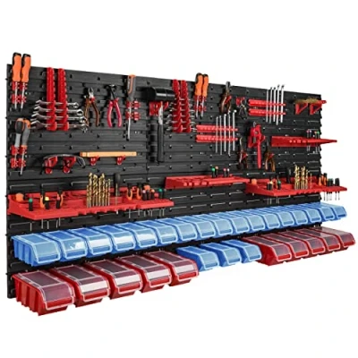 Imagen de 30 cajas apilables de pared con tapa plástico, 178 x 78 cm, soporte para herramientas, taller, garaje, sistema almacenamiento