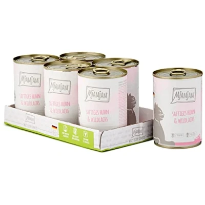 Imagen de MjAMjAM comida húmeda premium para gatos Pollo jugoso y salmón salvaje, pack de 6 (6 x 400 g), sin cereales con extra carne