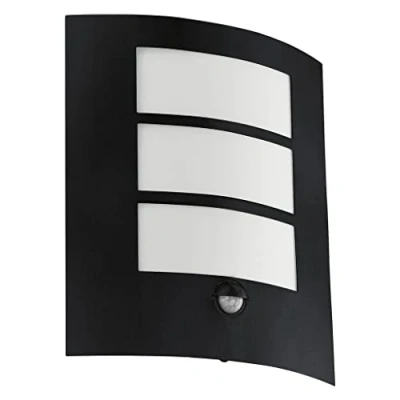 Imagen de Eglo lámpara de pared exterior Cerno, con detector movimiento, sensor crepuscular, acero galvanizado en negro, vidrio satinado blanco, E27, IP44