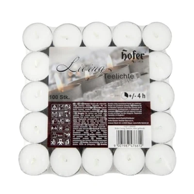 Imagen de Hofer Velas de Té Tealights 38 mm Paquete 100 piezas 4 horas tiempo combustión Color Blanco Cera sin, Larga duración, Calidad la UE