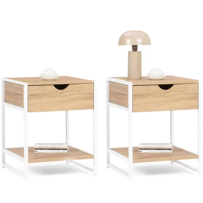 Imagen de IDMarket Juego de 2 mesitas noche Detroit 1 cajón con estante madera y metal, color blanco