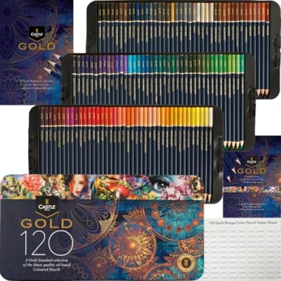 Imagen de Castle Art Supplies Caja 120 Lápices Colores Calidad Oro Minas Color a Base Aceite, Aportan Nitidez y Resistencia Roturas Artistas e Ilustradores En Metálica de Presentación