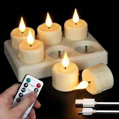 Imagen de FREEPOWER 6 velas LED recargables con estación de carga y cable USB, eléctricas parpadeante mando a distancia, temporizador, luz blanca cálida, decoración vacaciones, diámetro 4 x 5,5cm