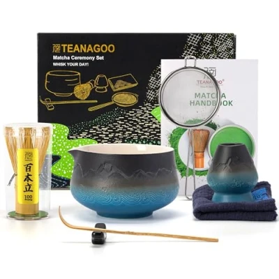 Imagen de TEANAGOO Batidor de Matcha Japonés (7 piezas) Set Mtacha Kit Tazón con pico vertedor bambú CucharaN33,Gradient Navy Black