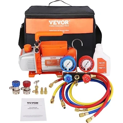 Imagen de VEVOR Bomba de Vacío Aire Acondicionado 128 L/min HVAC 180 W con Kit Manómetros y Manguera Goma Tricolor 1440 rpm Bolsa Transporte para R134a Frigorífico Coche
