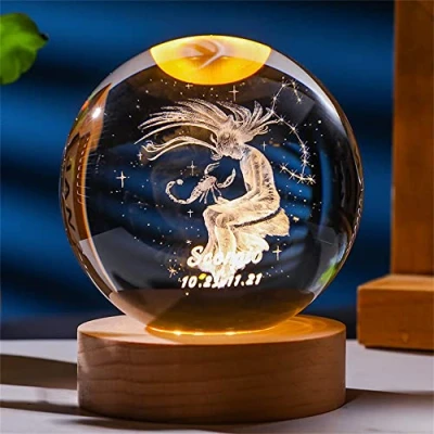 Imagen de Besot Láser Grabado Zodiac Sign Crystal Ball Miniatura 3D Craft Decoration Glass Sphere decoración del hogar Accesorios Regalo (Scorpio, 3.15 Inches)