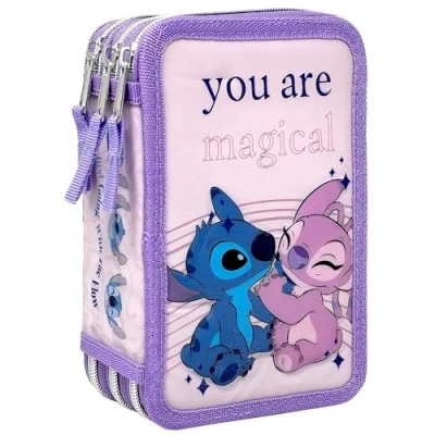 Imagen de Clondo Estuche con 3 Compartimentos 3D para Niñas, Stitch y Angel Fans, Triple Relleno, 44 ​​Accesorios de Escuela, Cremalleras, 20cm, Lápices Colores, Rotuladores