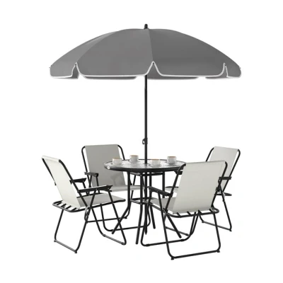 Imagen de Outsunny Conjunto de Mesa y Sillas Jardín 6 Piezas Muebles Exterior con 4 Plegables Vidrio Sombrilla para Terraza Patio Crema
