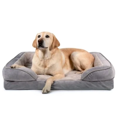 Imagen de FurHaven Cama grande de Espuma Gel refrescante para Perro, Comodidad, Estilo sofá felpa y Terciopelo con Funda extraíble Lavable, Color Gris Granito, L
