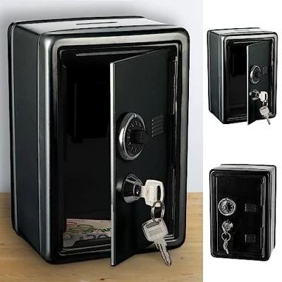 Imagen de Hucha con ranura para dinero, metal, 12 x 18 10 cm, color negro, 2 llaves cerradura de combinación (1 caja fuerte negra)