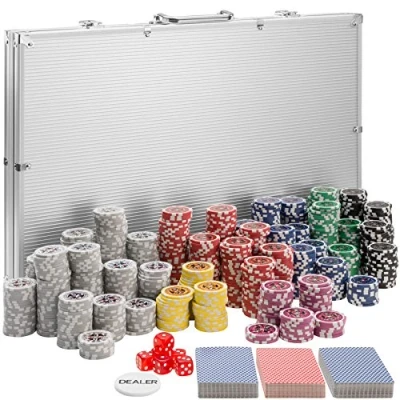 Imagen de TecTake Maletín de Póker Aluminio con Fichas Láser Poker Chips, 1.000 Pieza, Incl. 5 Dados + 3 Barajas Cartas 1 Ficha Dealer, Plateado
