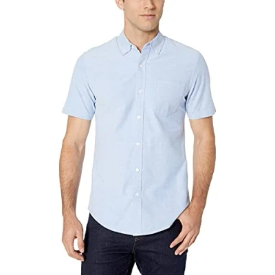 Imagen de Amazon Essentials Camisa Oxford con Bolsillo de Manga Corta y Ajuste Entallado Hombre, Azul, S