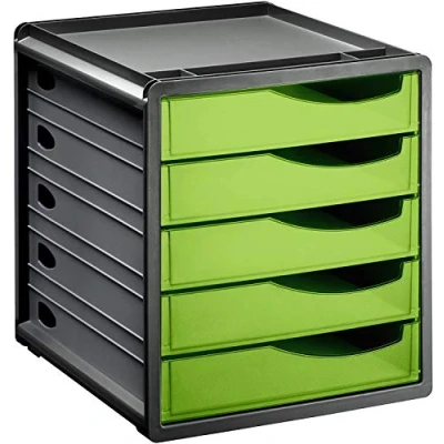 Imagen de Rotho Spacemaker Cajón/Caja de Oficina con 5 Cajones, Plástico (PS) sin BPA, Verde/Negro, 33.5 x 28.5 32.0 cm