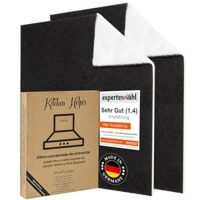 Imagen de Kitchen Helpis® 2 Filtros de Campana Extractoras combinados Dobles Carbón activo y Grasa 57x47cm, Filtro se puede cortar a medida, Universales para todas las Campanas estándar