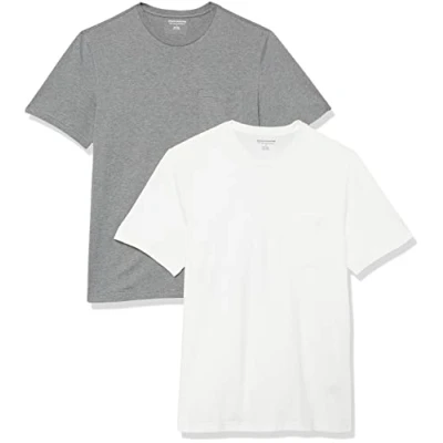 Imagen de Amazon Essentials Camiseta de manga corta con bolsillo, cuello redondo y corte ajustado Hombre, Pack 2, Gris Mezcla/Blanco, M