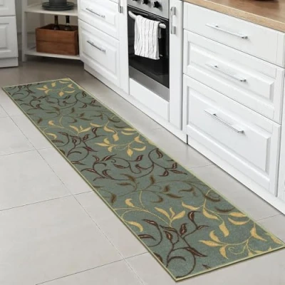 Imagen de Ottomanson Ottohome Alfombra rectangular, base de goma, diseño hojas contemporáneo, 57 x 210 cm, color verde (Seafoam)