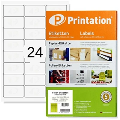 Imagen de Etiquetas 63,5 x 33,9 mm, resistentes a la intemperie, transparentes, en hojas DIN A4, 3 8 unidades por página, 240 poliéster, autoadhesivas, imprimibles con impresora láser (10)