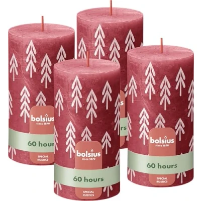 Imagen de Bolsius Velas rústicas con diseño de silueta rojo texto 4 unidades 13 x 7 cm larga duración vela doméstica cera vegana sin aceite palma decoración navideña