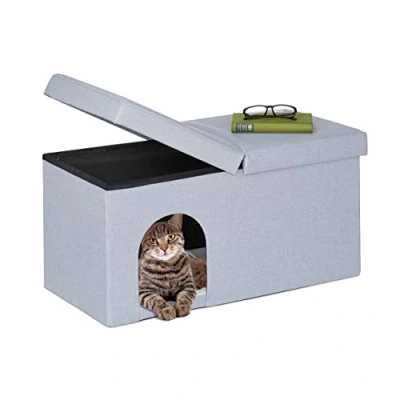 Imagen de Relaxdays Casa Gato con Banco Rectangular, Cueva Gatito Plegable, Escondite Perro, Robusta, 38,5x74,5x37cm, Gris, Poliéster