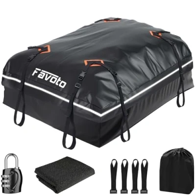 Imagen de Favoto Alforja de Techo Plegable 566L con Alfombrilla Antideslizante, Ganchos para Puerta, Correas Refuerzo Coches, todoterrenos con/sin portaequipajes Viaje, Color Negro