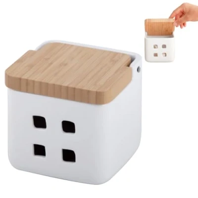 Imagen de KOOK TIME Bote de ajos cocina con tapa madera bambú Tarro para guardar ajos, cerámica agujeros ventilación su conservación óptima Medidas: 11.5x11.5x11.5 cm