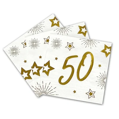 Imagen de Tralala Fêtes Lote de 16 Servilletas 50 años para cumpleaños papel triple raya Blanco y dorado (oro) Decoración festiva 33 x cm enrolladas (50 años)