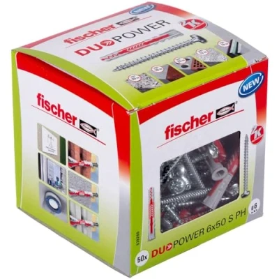 Imagen de fischer DUOPOWER 6 x 50 S PH, tacos y tornillos para pared universales con tornillo de cabeza plana, 2 componentes, taco plástico fijación en hormigón, ladrillo, piedra, cartón yeso