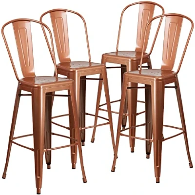 Imagen de Flash Furniture Taburete de Bar Blake Calidad Comercial, Paquete 4, 30 Pulgadas Alto, Metal Cobre, para Interiores y Exteriores con Respaldo