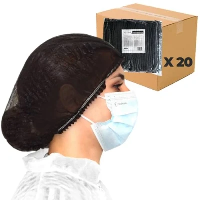 Imagen de Juego de 20x 100 Gorros desechables no tejidos, doble elásticos y antipolvo, OneProtek Gorro desechable 53 cm para el cabello, médicos, servicio comida, dentistas, laboratorios Negro