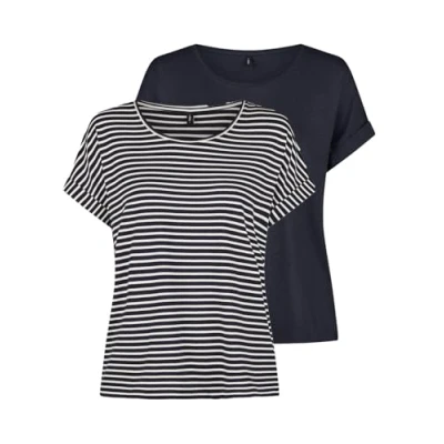 Imagen de ONLY Camiseta de Cuello Redondo para Mujer, Paquete 2 Unidades, básico, Manga Corta, Redondo, Corte Regular, Verano, Rayas, Night Sky W/CD Stripes, XL