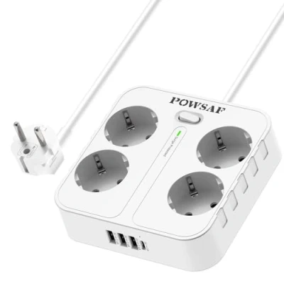 Imagen de POWSAF Regleta de Enchufes Cuádruple con Cuatro Puertos Carga USB, para Montaje en Pared, Hogar y Oficina Blanco.